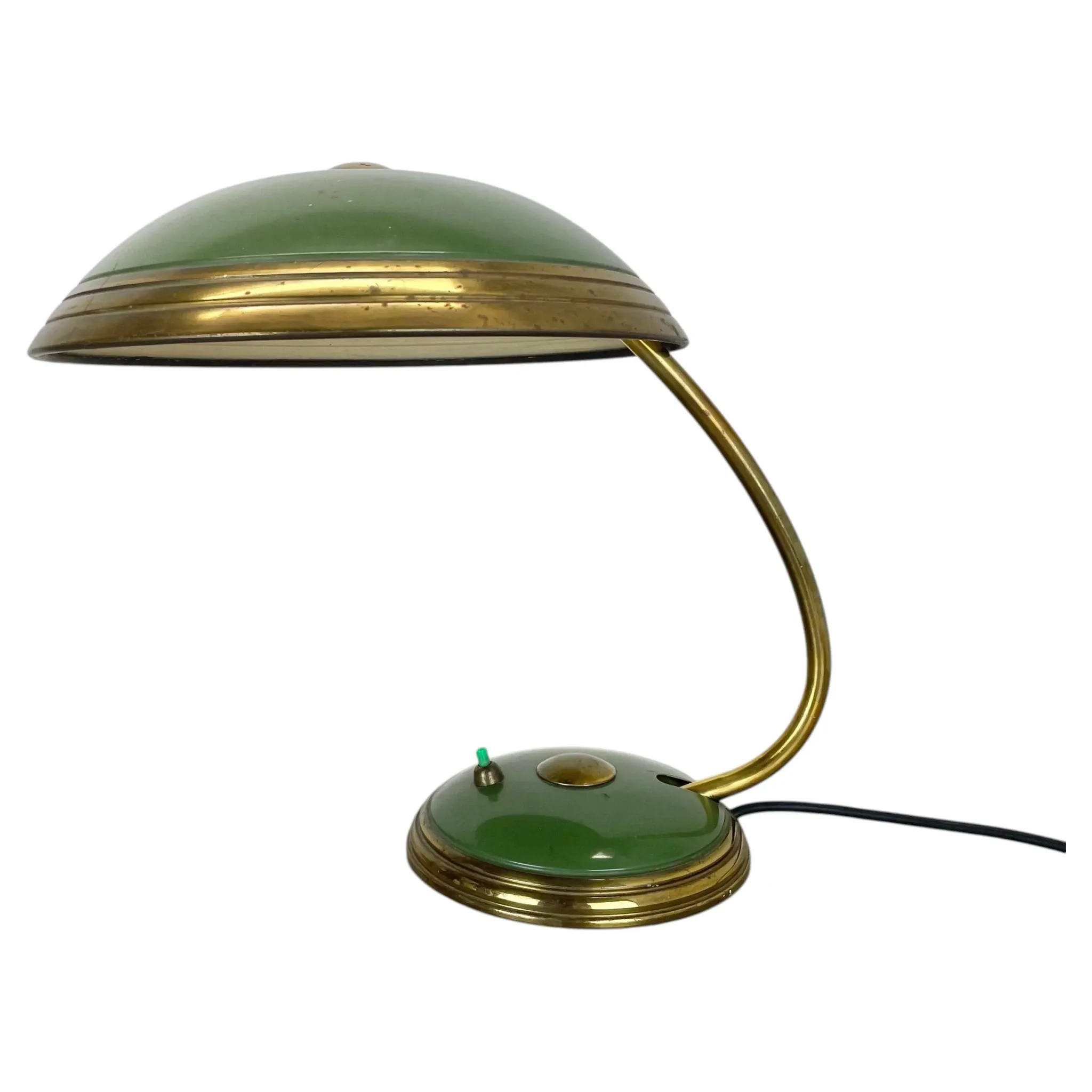 German green bauhaus table lamp in brass and metal by helo lights, germany, 1950s