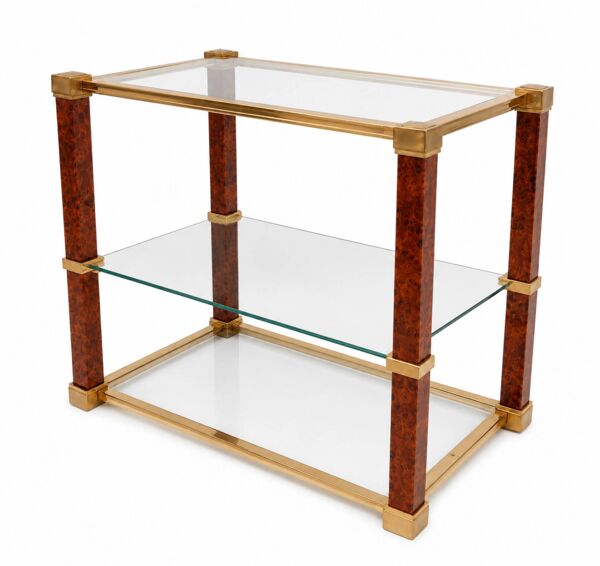 Table basse vintage en verre trempé, laiton et loupe–Hollywood Regency