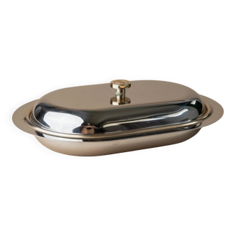 Silver Metal Butter Dish with Lid, 1970s Italian Vintage Stainless Steel, Gold Knob Detail