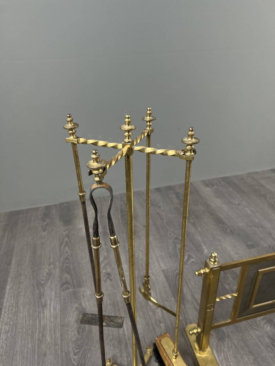 Brass fireplace set, Louis XVI style, fire screen, companion set and holder.