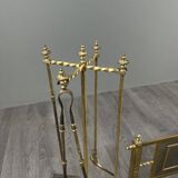 Brass fireplace set, Louis XVI style, fire screen, companion set and holder.