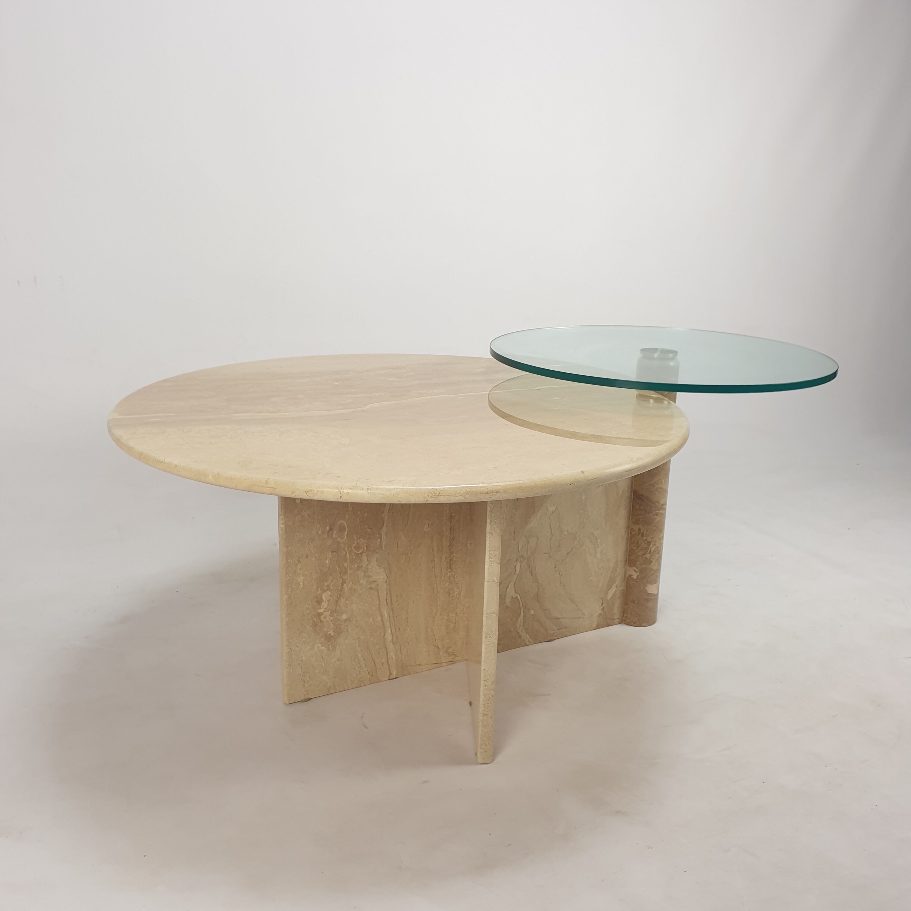 Italian travertine and glass coffee table, 1980