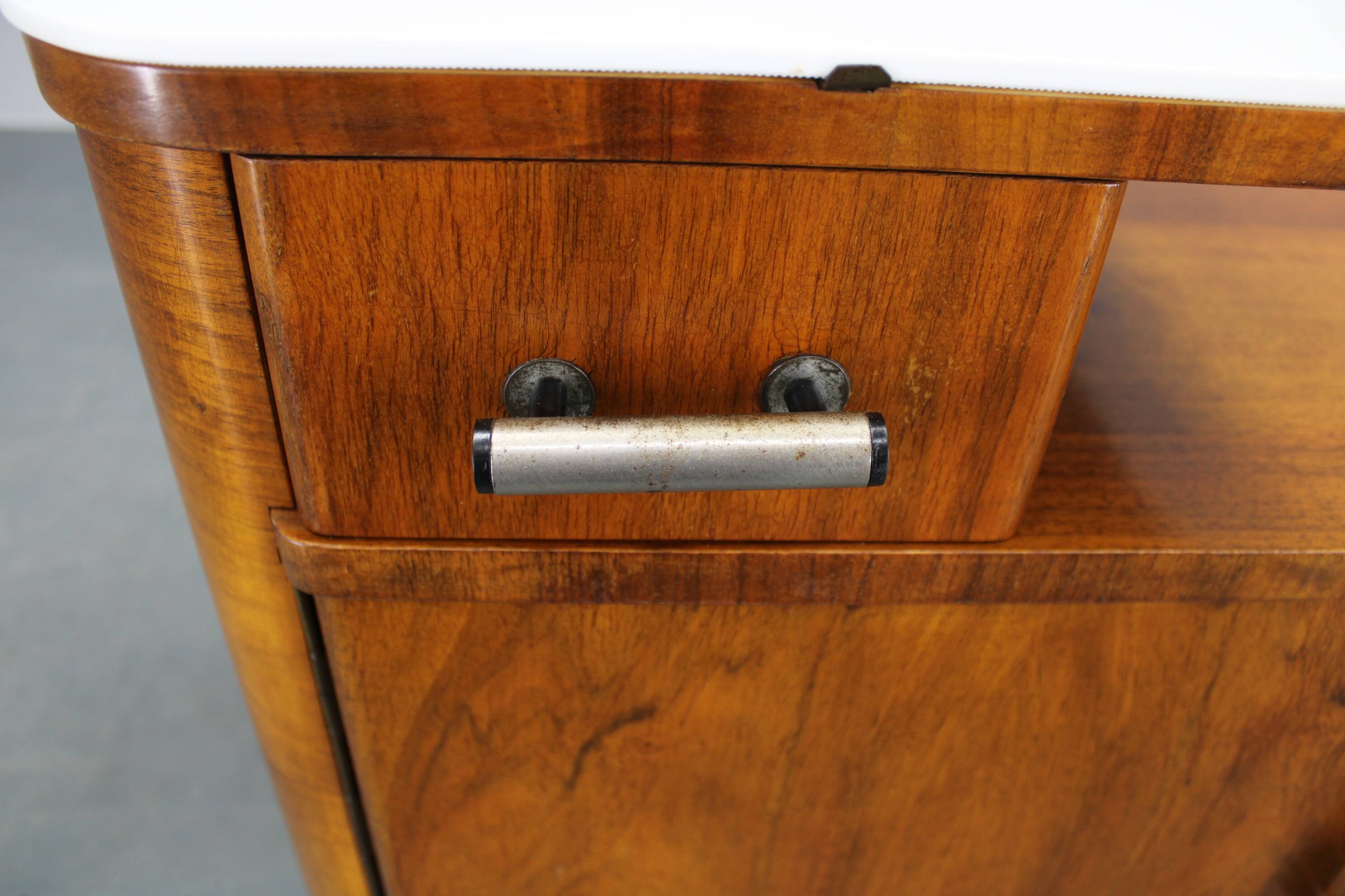 1940s night stand in walnut finish with glass top, Czechoslovakia