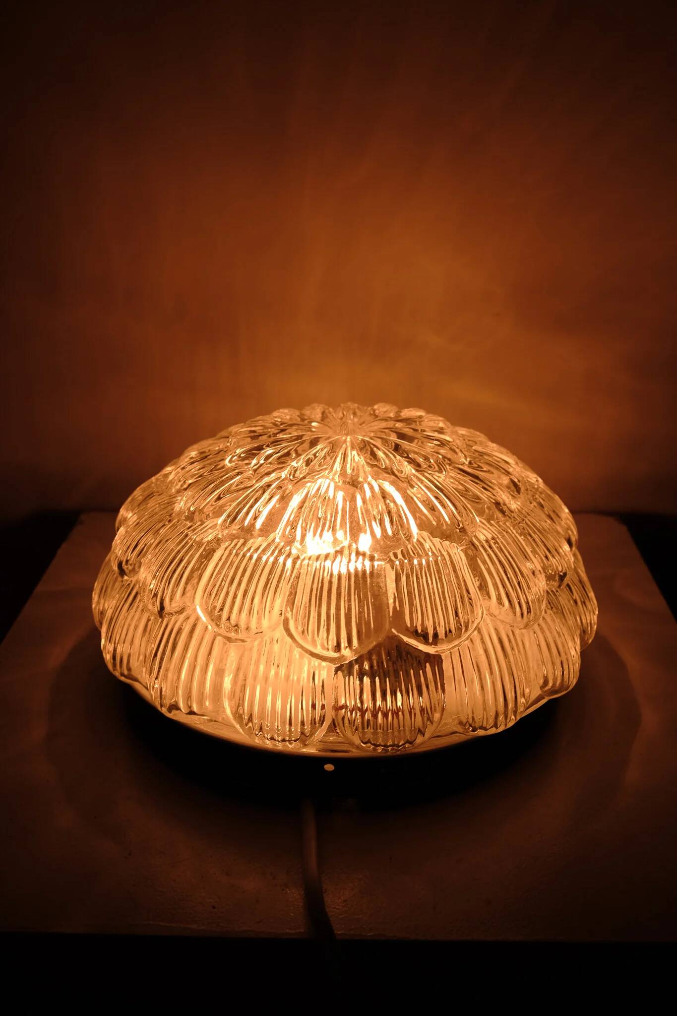 Vintage round glass ceiling light in the shape of a flower, 1970s.