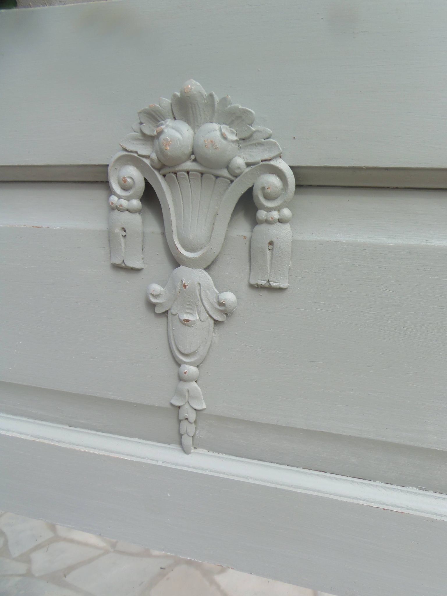 Antique mirror, painted trumeau in grey-green.