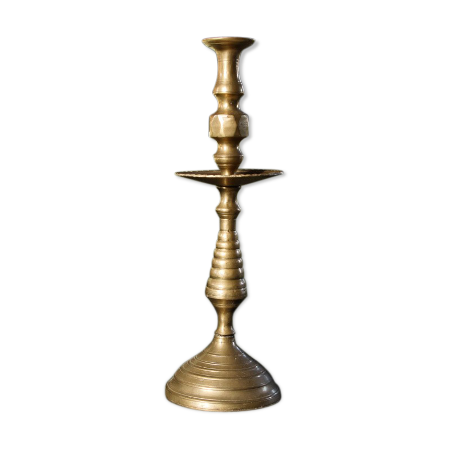 Large bronze brass disc candlestick