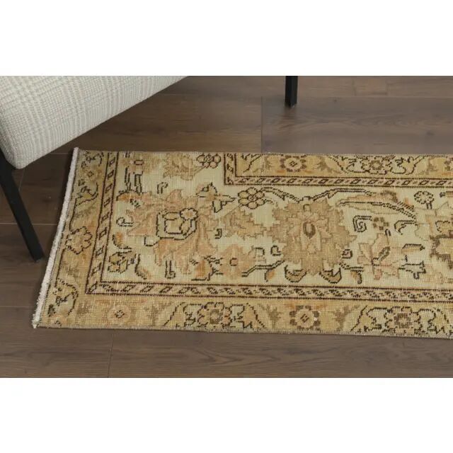 1970s Vintage Turkish Hand-Knotted Wool Cotton Beige Runner Rug 45x388