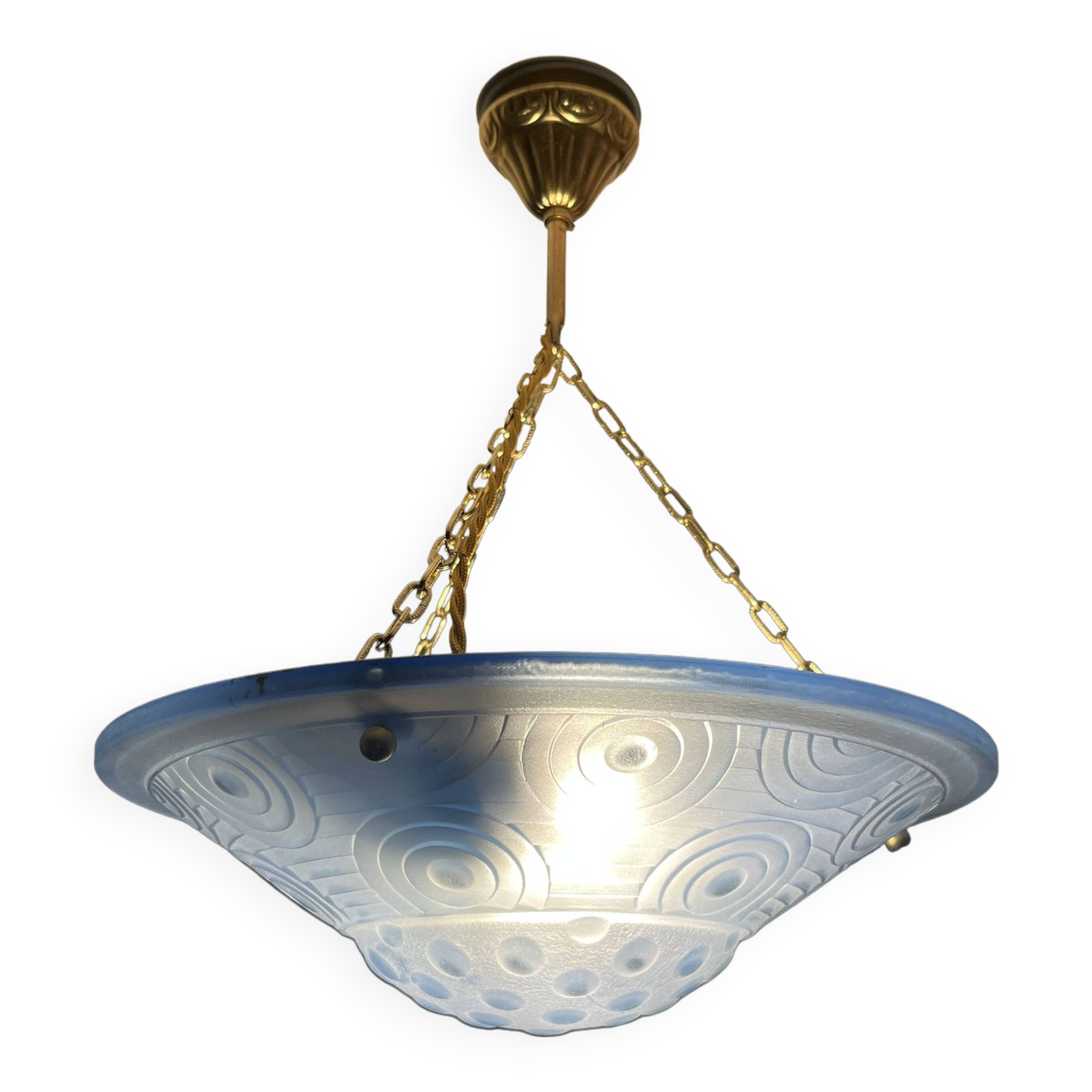 Blue pressed glass basin with Art Deco geometric patterns