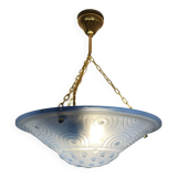 Blue pressed glass basin with Art Deco geometric patterns