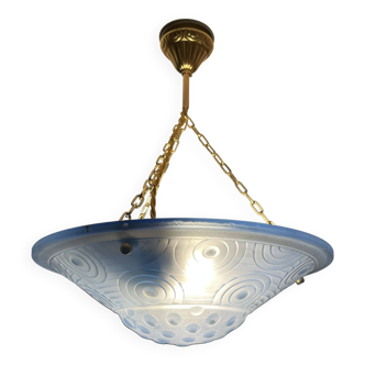 Blue pressed glass basin with Art Deco geometric patterns