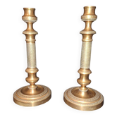 Pair of large 19th-century guilloché brass candlesticks - Louis XVI / Napoleon