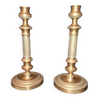 Pair of large 19th-century guilloché brass candlesticks - Louis XVI / Napoleon