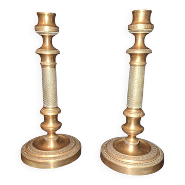 Pair of large 19th-century guilloché brass candlesticks - Louis XVI / Napoleon