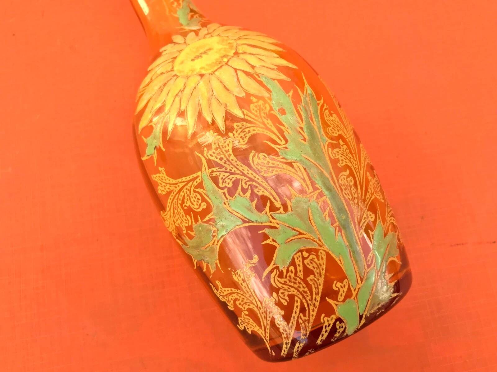 1900s Liqueur Decanter Blown and Enameled Amber Glass