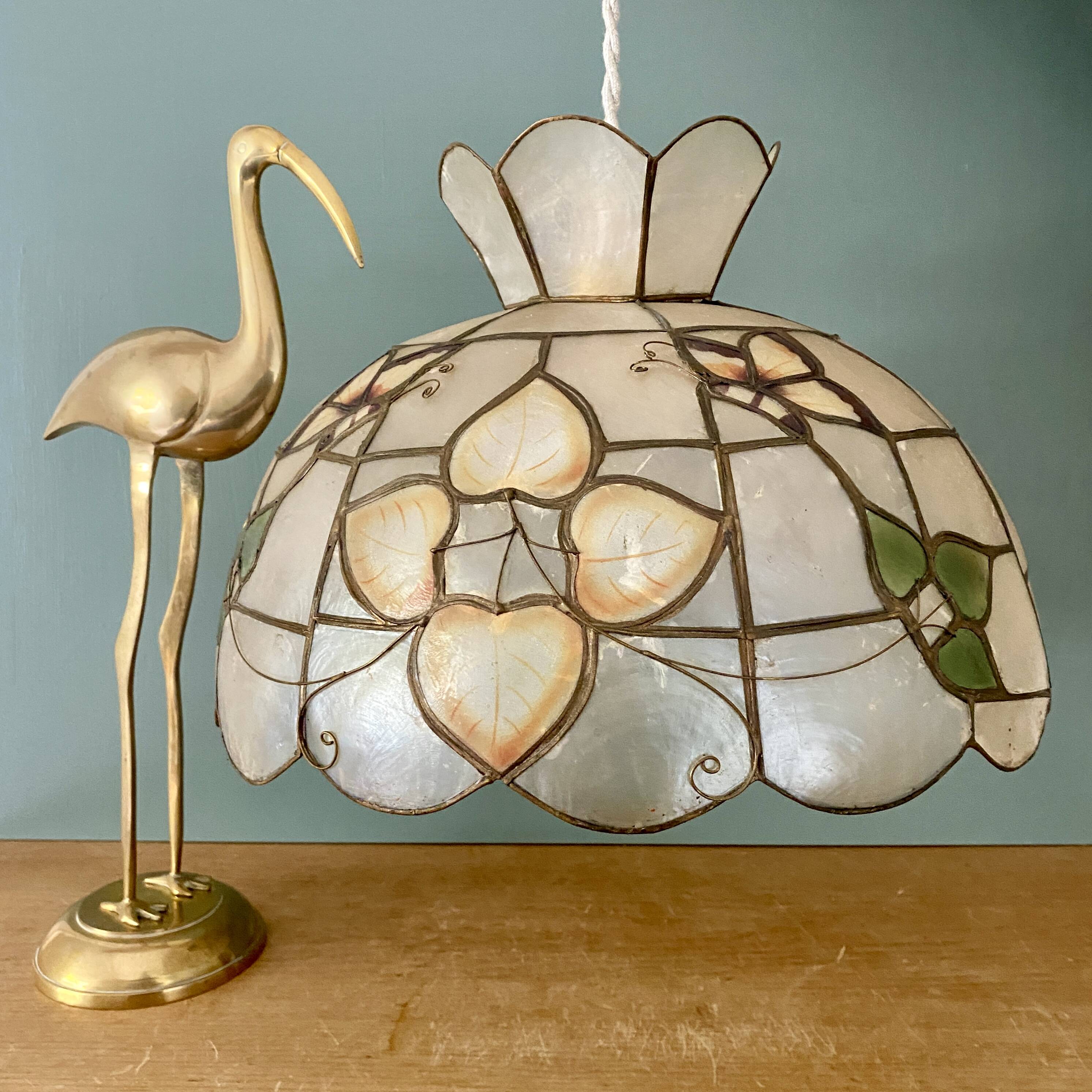 Vintage mother-of-pearl and brass lampshade pendant with flower and butterfly decorations