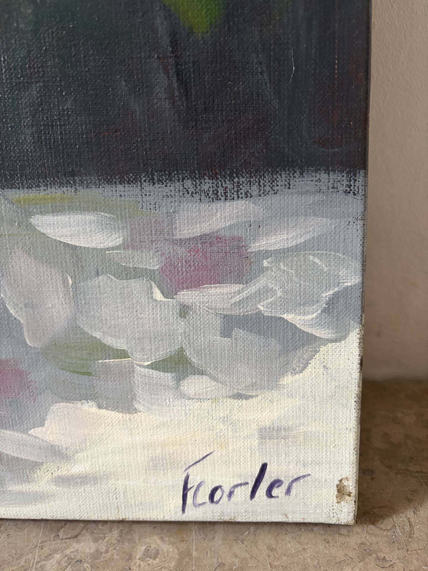 Bouquet on a table, oil on canvas signed F Corler