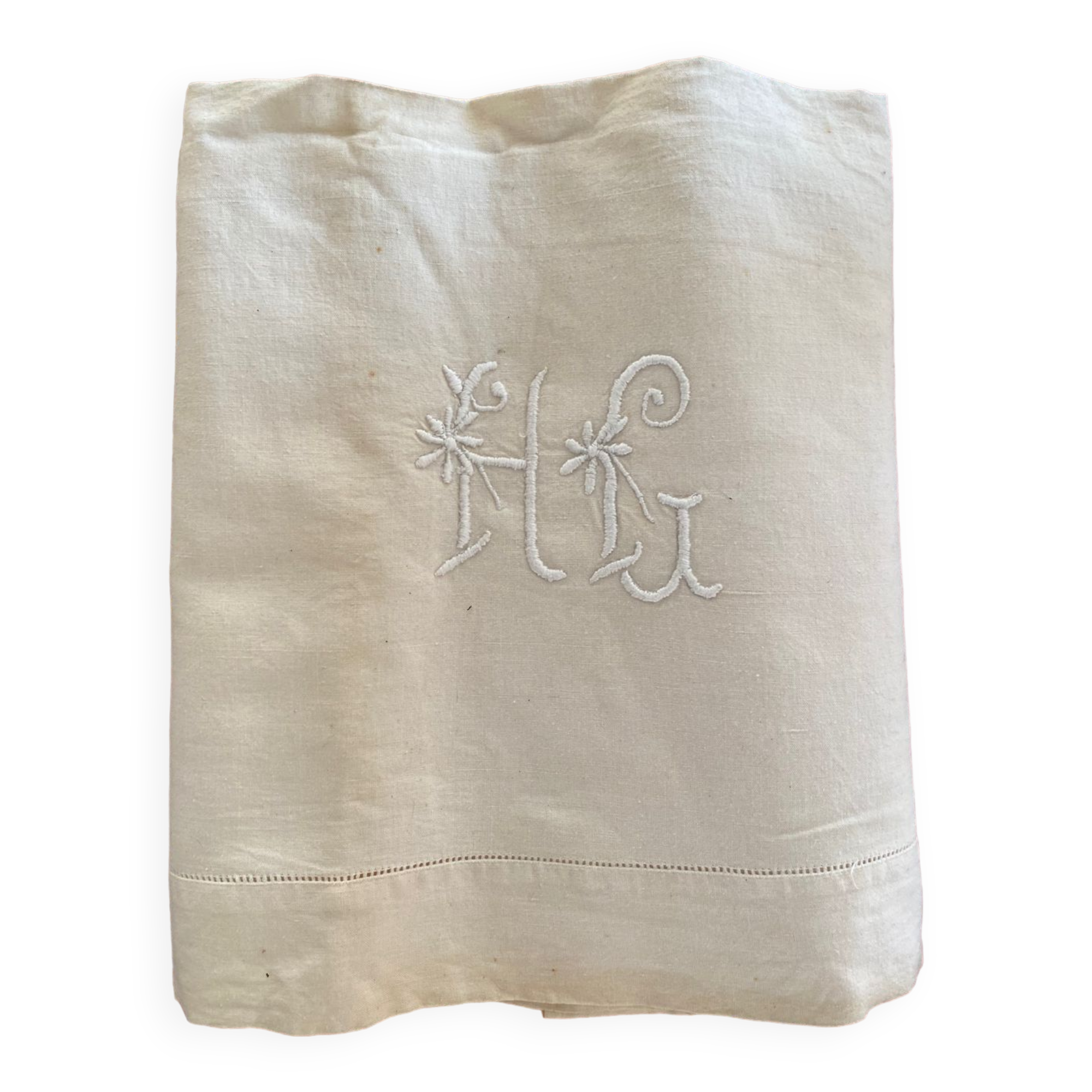 VENDU - Ancien grand drap métis aux monogrammes PC - Le Grenier de Lisette