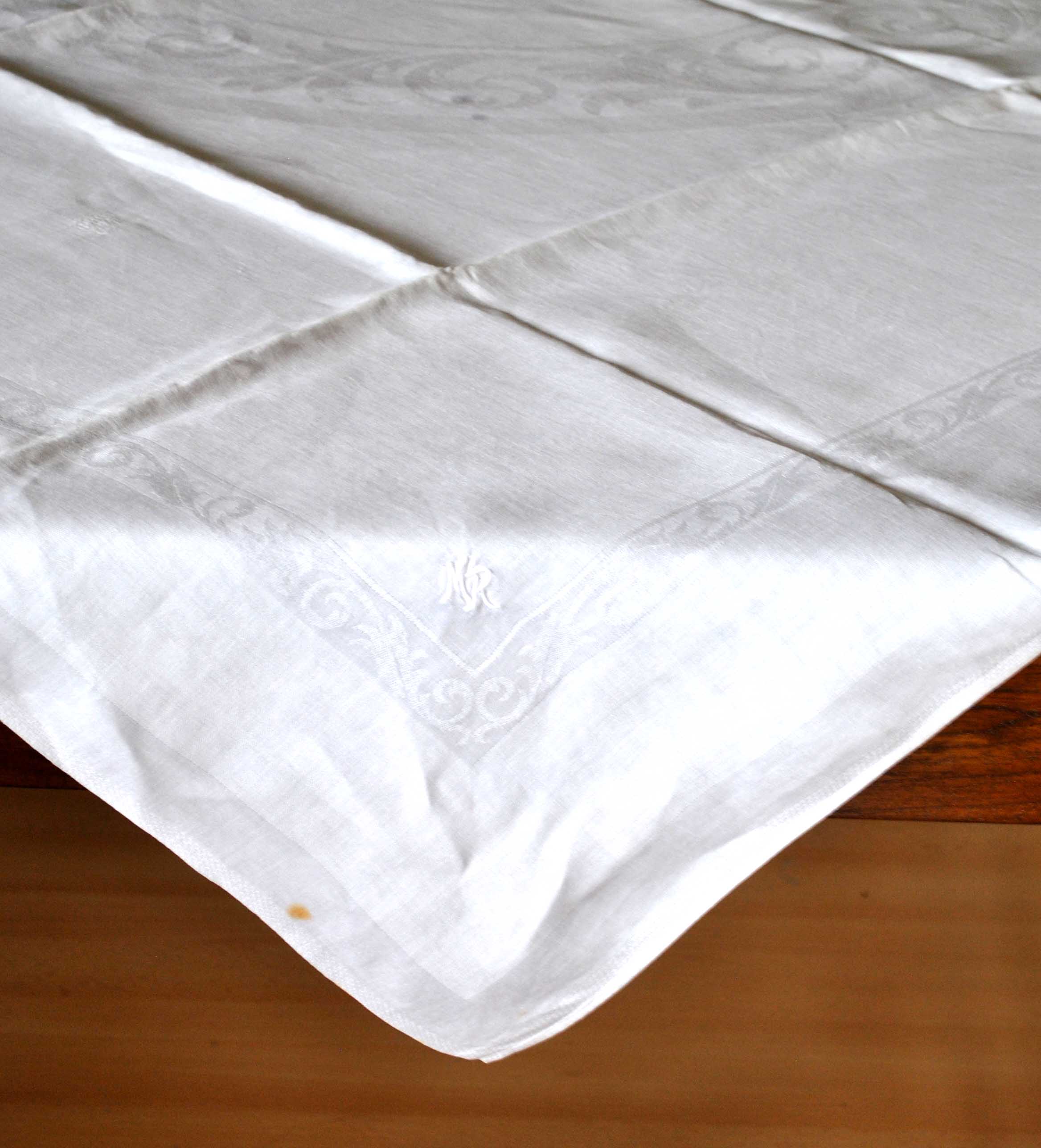 Vintage damask cotton tablecloth for round table monogram MR *D4*
