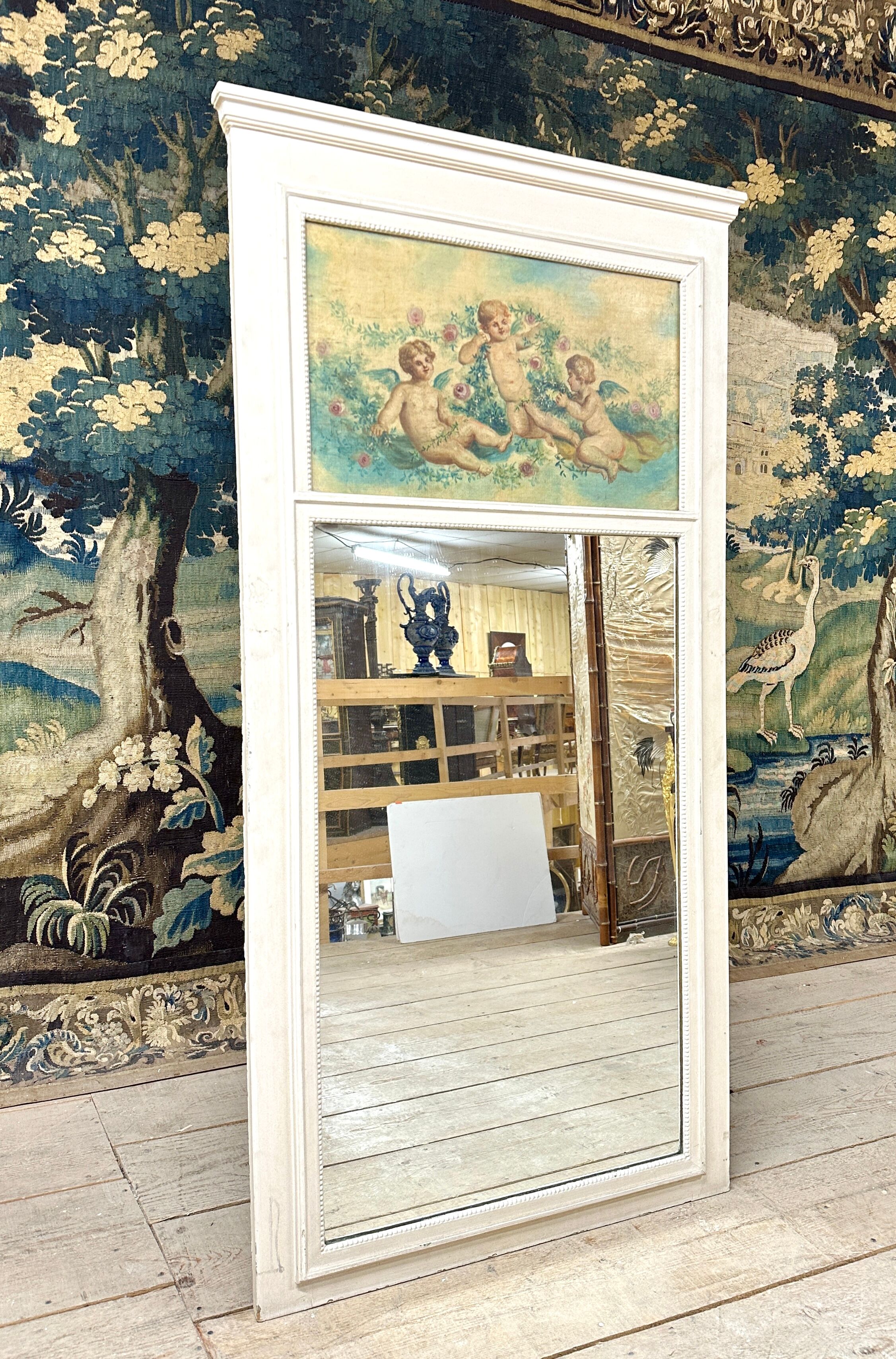 Fireplace Trumeau In White Lacquered Wood, Late 19th Century, Louis XVI Style