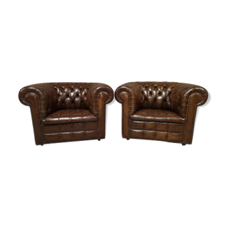 Pair of Chesterfield brown leather armchairs