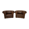Paire fauteuils chesterfield cuir marron