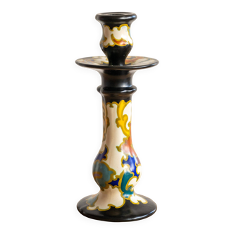 Hand-painted ceramic candlestick in Art Deco Revival style, Dutch Gouda pottery.