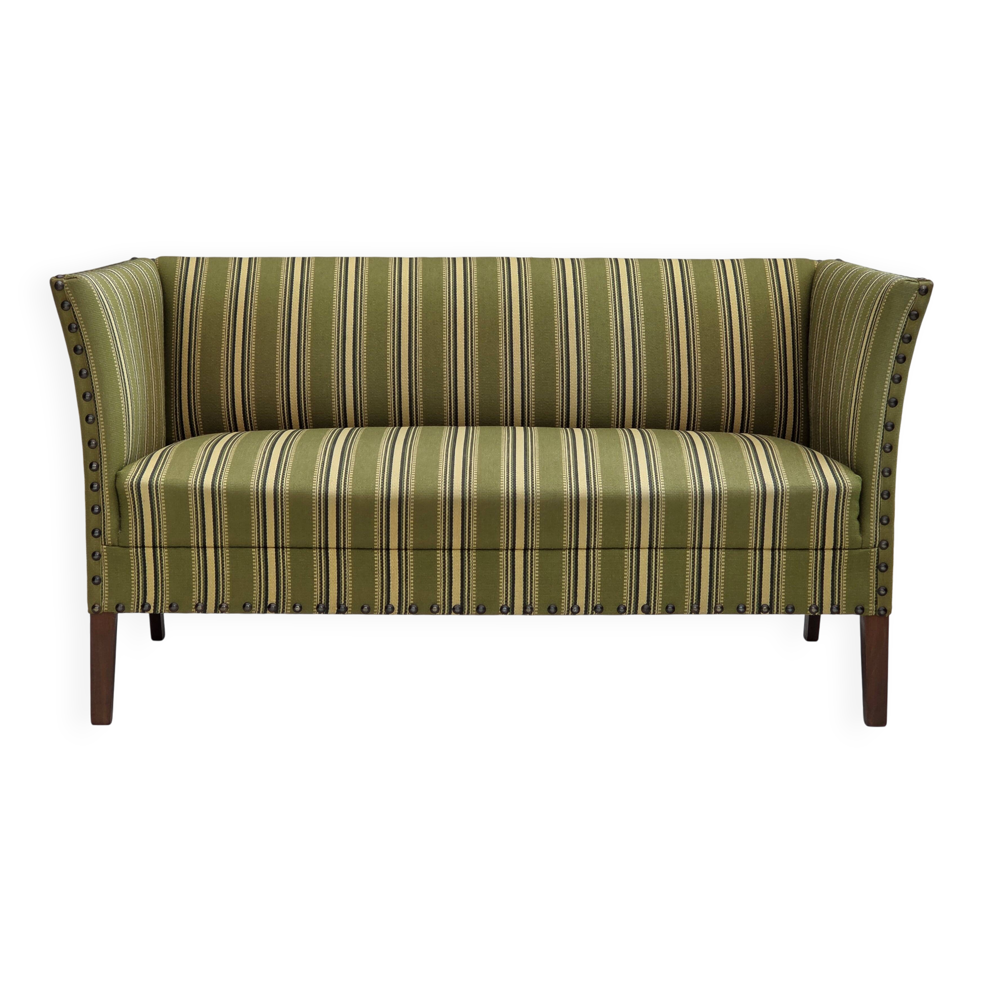 1970s, Danish 2-seater sofa, original green furniture wool, beech wood.