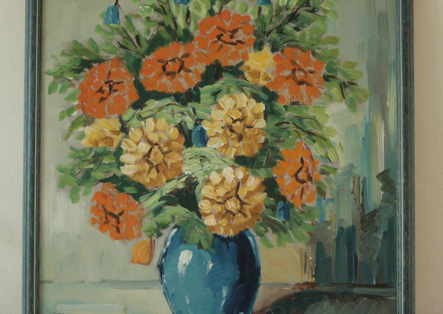 Original vintage oil on panel painting "Flowers in vase"