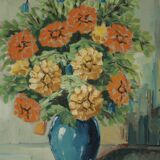 Original vintage oil on panel painting "Flowers in vase"