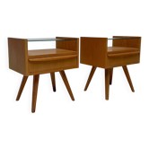 1960s vintage pair of mid-century walnut nightstands with glass shelves