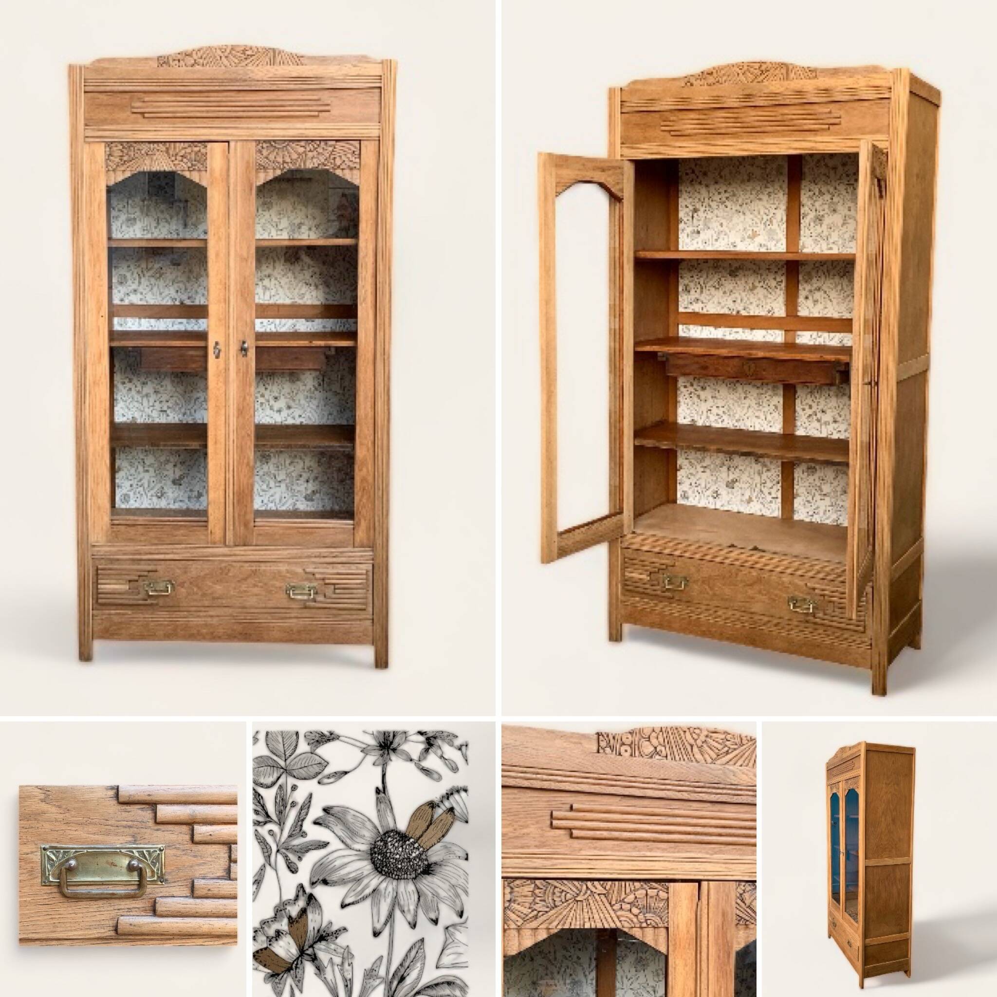 Parisian art deco glass cabinet in raw wood