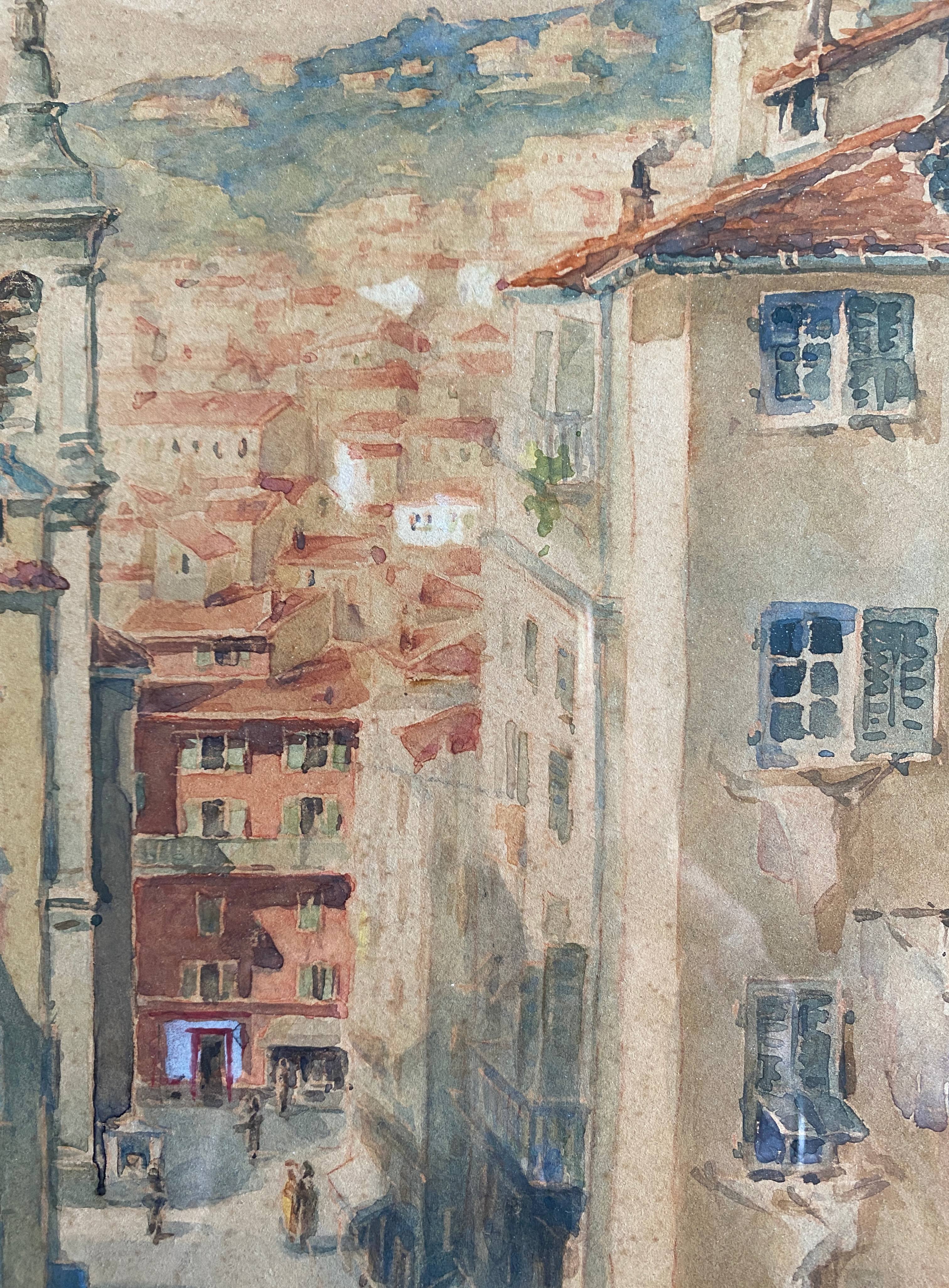 Watercolor painting p. rabagliati rue rossetti old nice 1950 + frame