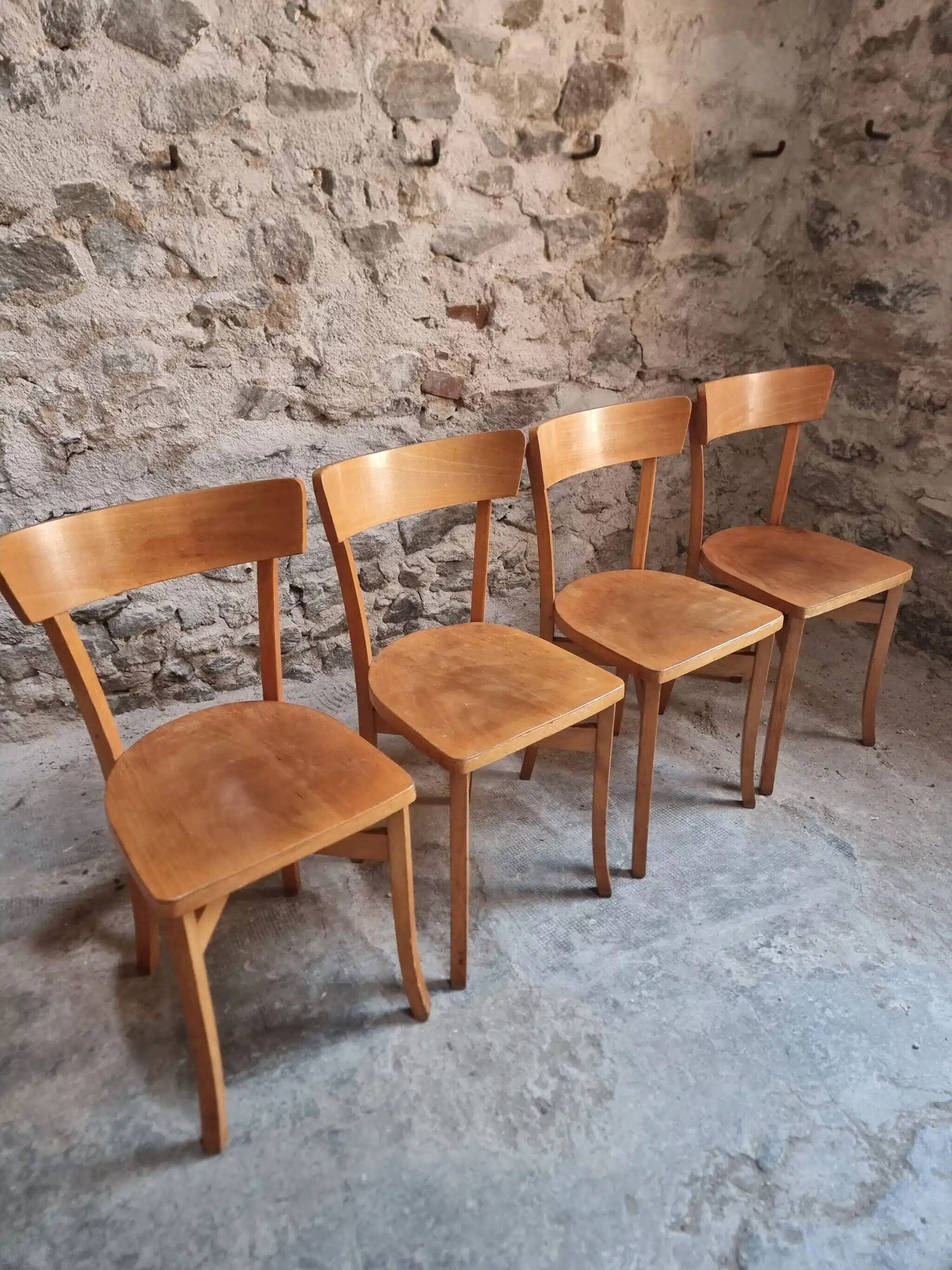 Set of 4 French bistro chairs, beech and plywood, 1960s, mid-century dining chairs.