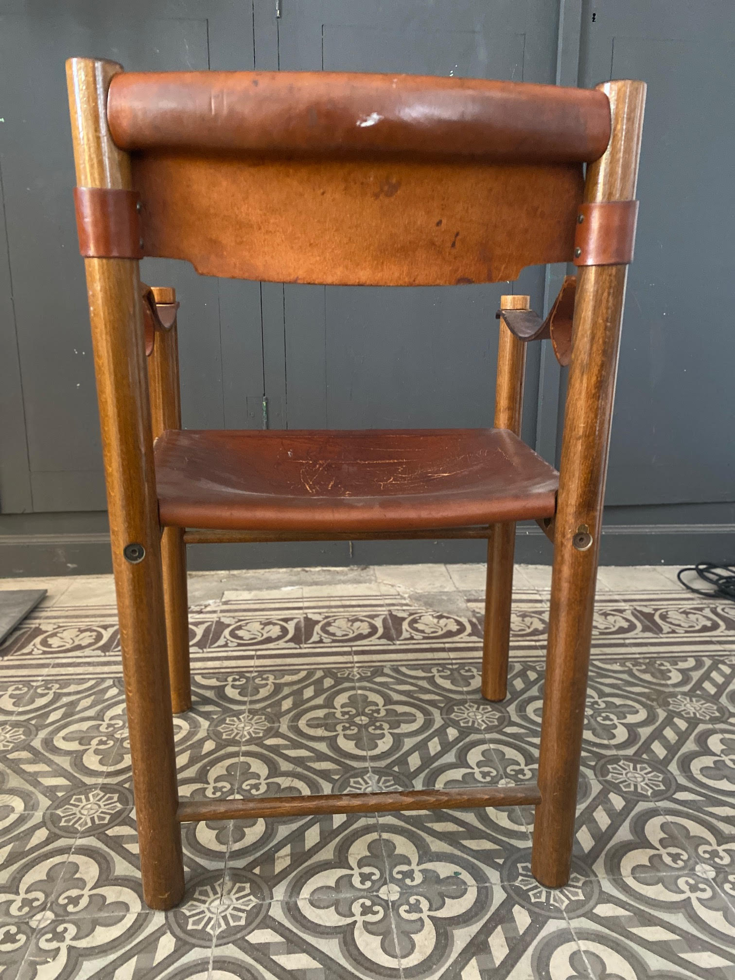 "Ibisco" armchair, wooden and leather Italy 1960