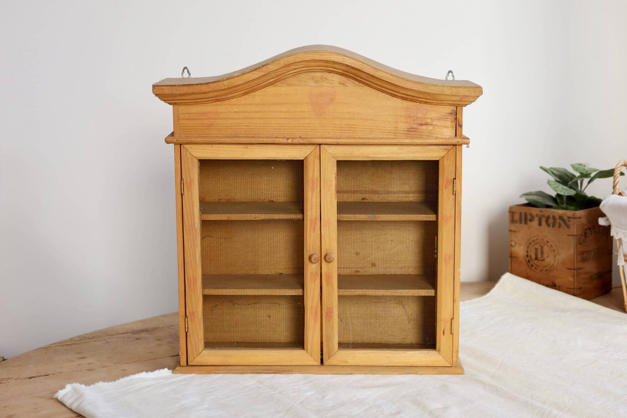 Vintage wooden wall cabinet – 2 mesh doors and shelf