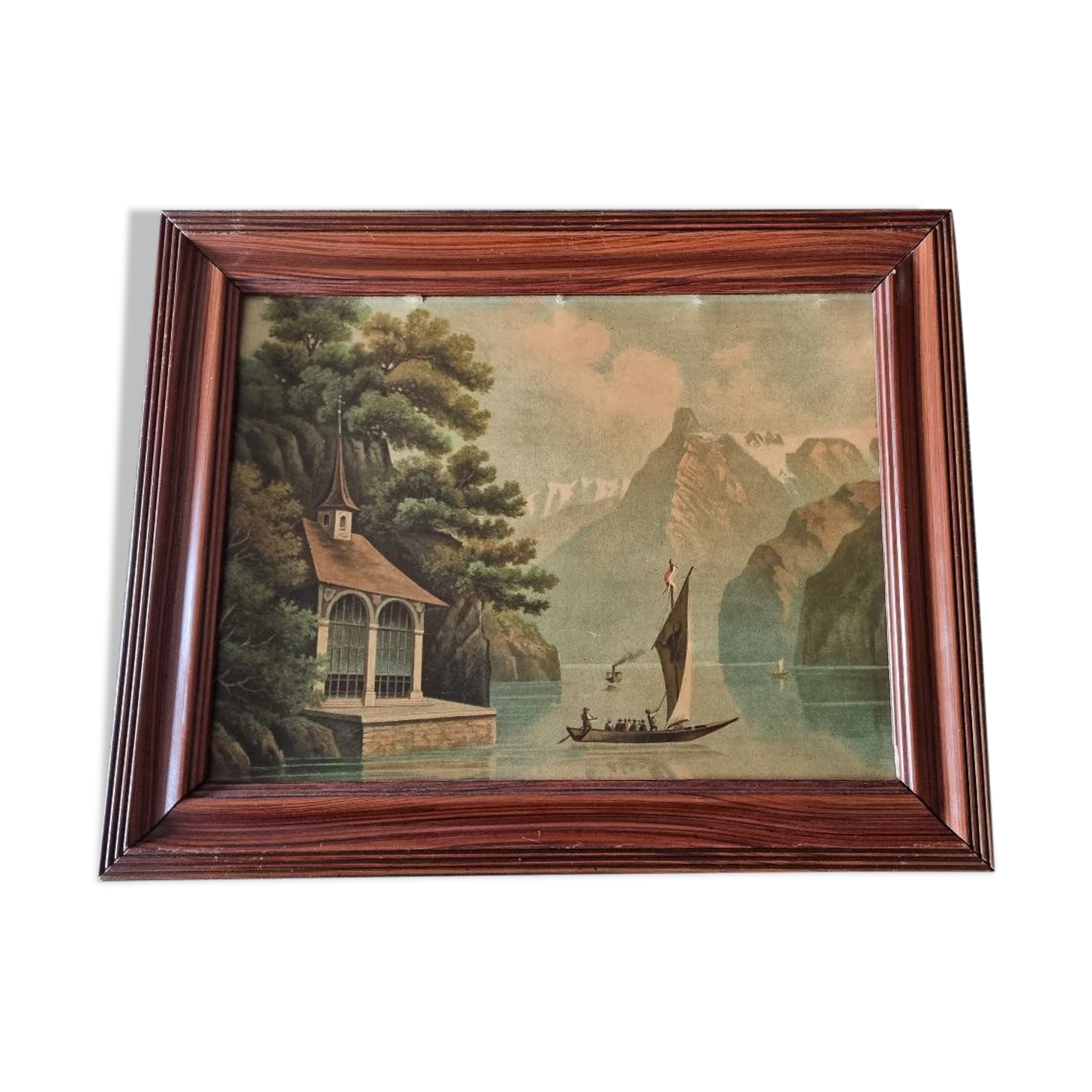 Old painting, oil on wood, representing Lake Annecy.