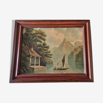 Old painting, oil on wood, representing Lake Annecy.