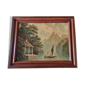 Tableau ancien, huile sur bois, représentant le lac d'ANNECY.