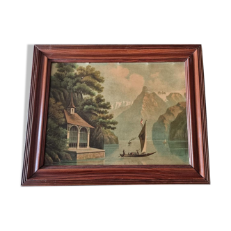 Tableau ancien, huile sur bois, représentant le lac d'ANNECY.