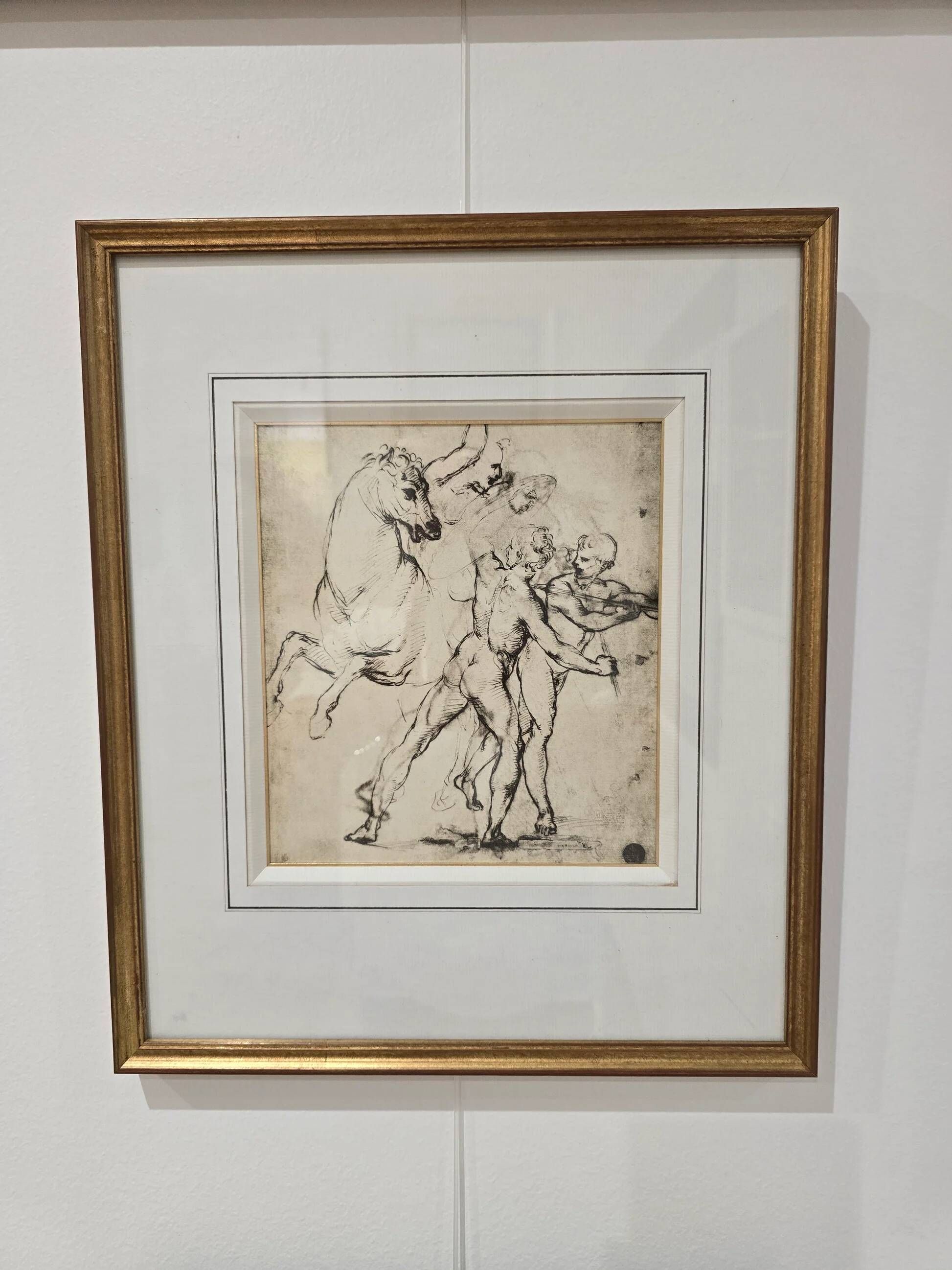 Framed drawing after an old master – Study of horses and male figures