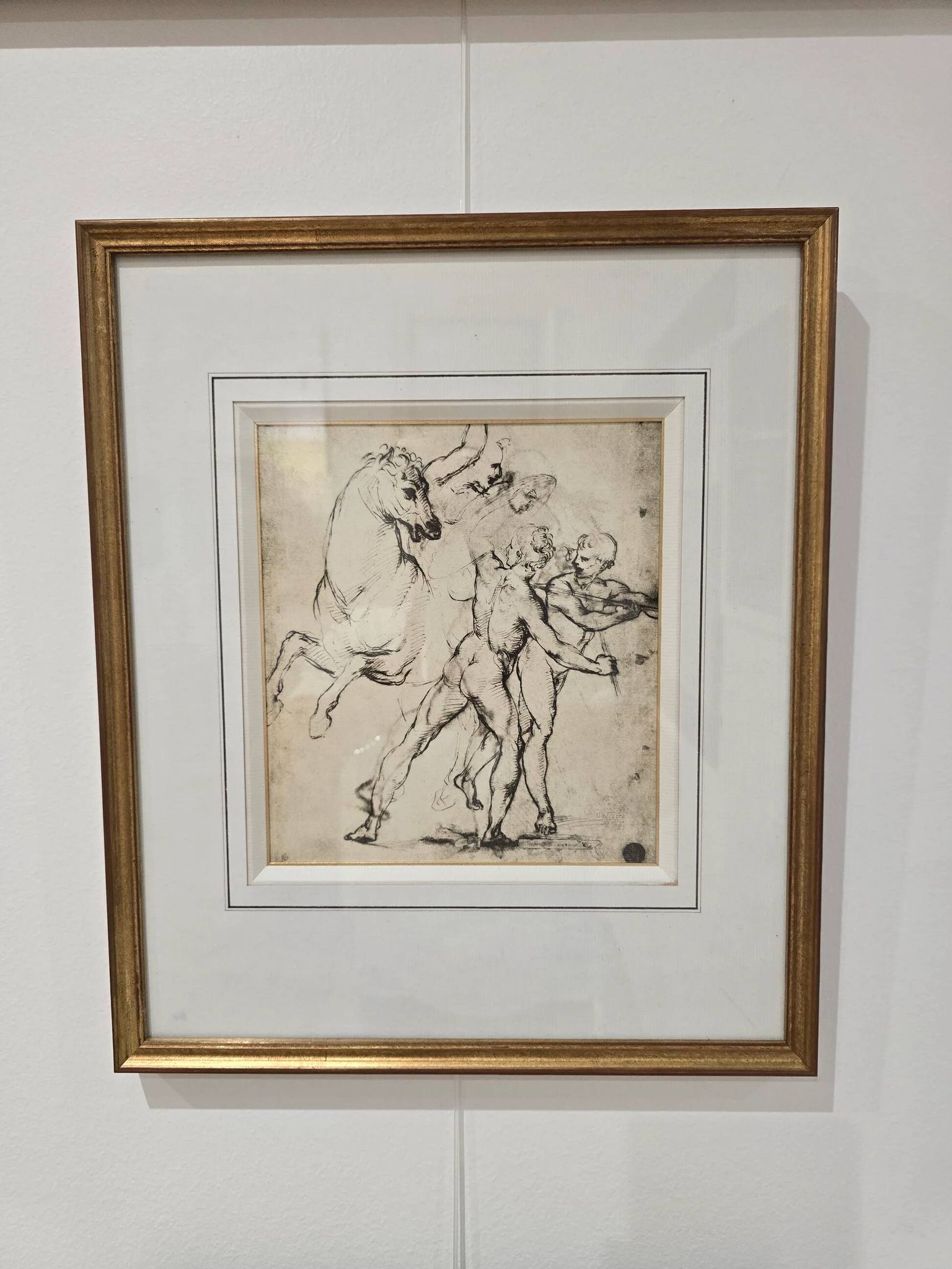 Framed drawing after an old master – Study of horses and male figures