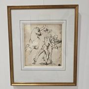 Framed drawing after an old master – Study of horses and male figures