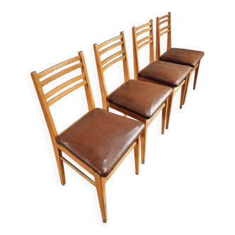 Set de 4 Chaises Vintage Françaises – Années 50 – Hêtre & Skaï Marron