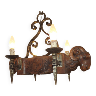 4-light chandelier in carved wood 4576