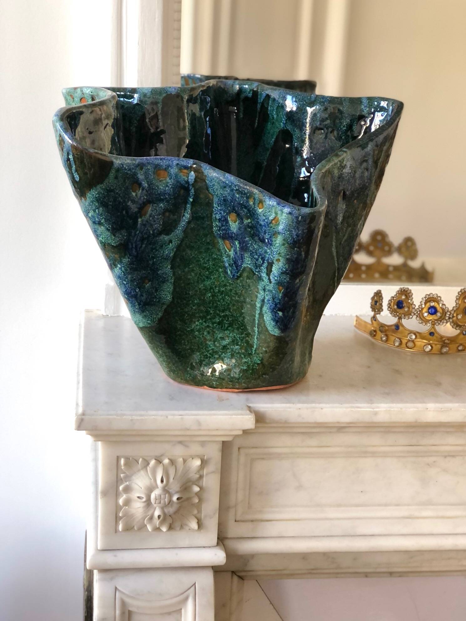 Glazed green/blue vase sculpture