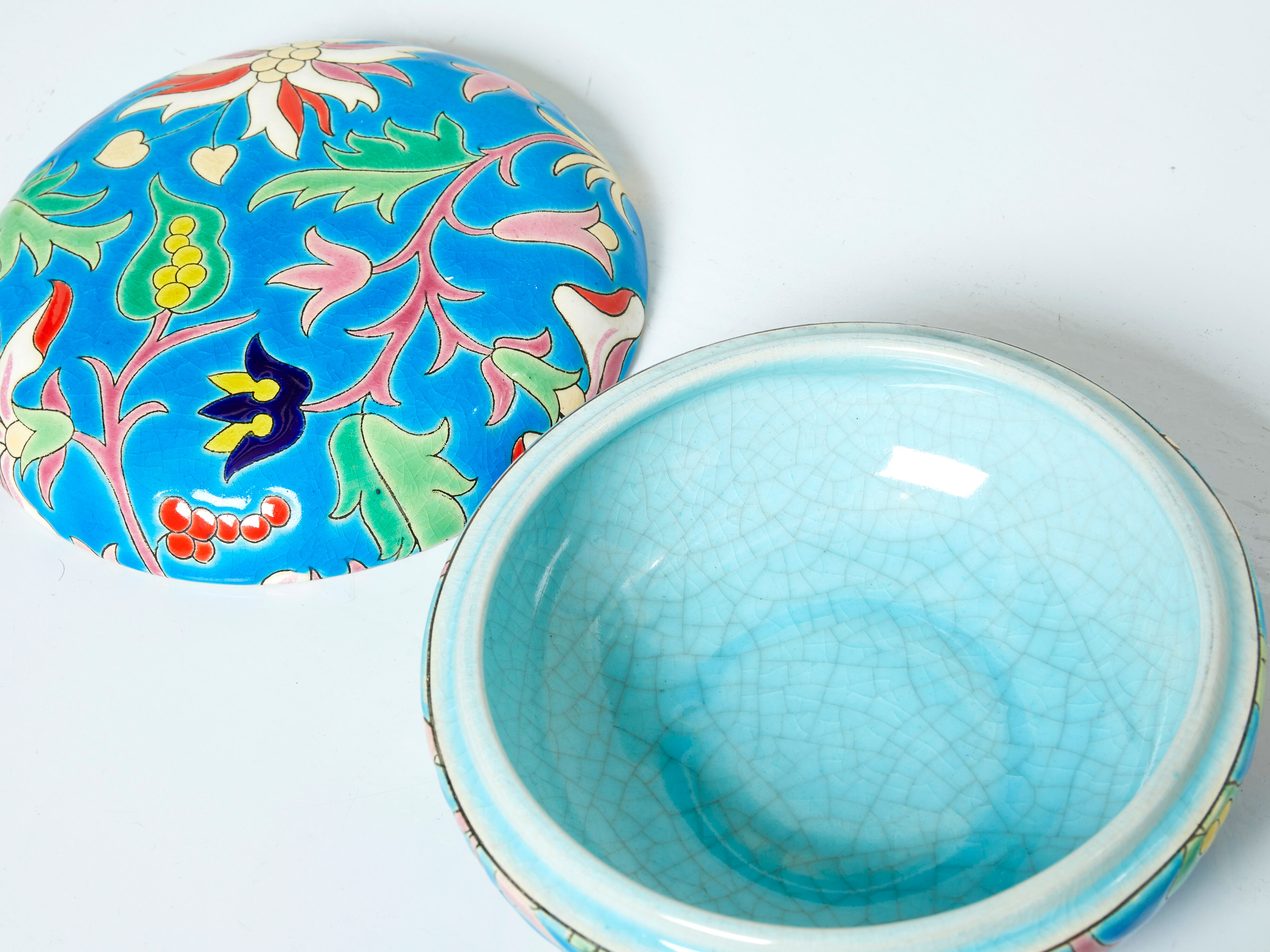 Large round box turquoise blue Art Deco Emaux de Longwy 1950