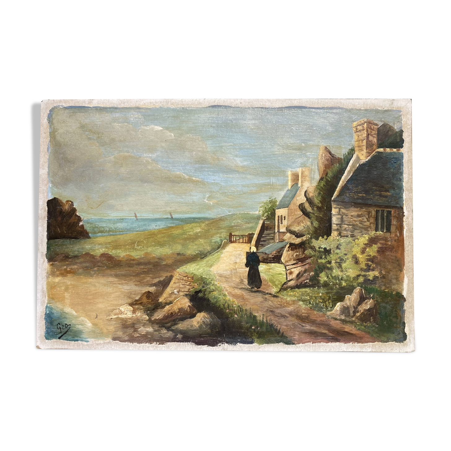 Pointe de Primel in Trégastel, oil painting on old cardboard