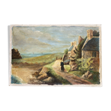 Pointe de Primel in Trégastel, oil painting on old cardboard