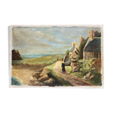 Pointe de Primel in Trégastel, oil painting on old cardboard