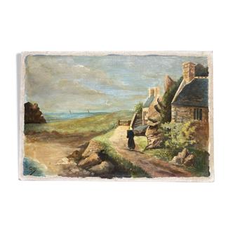 Pointe de Primel in Trégastel, oil painting on old cardboard